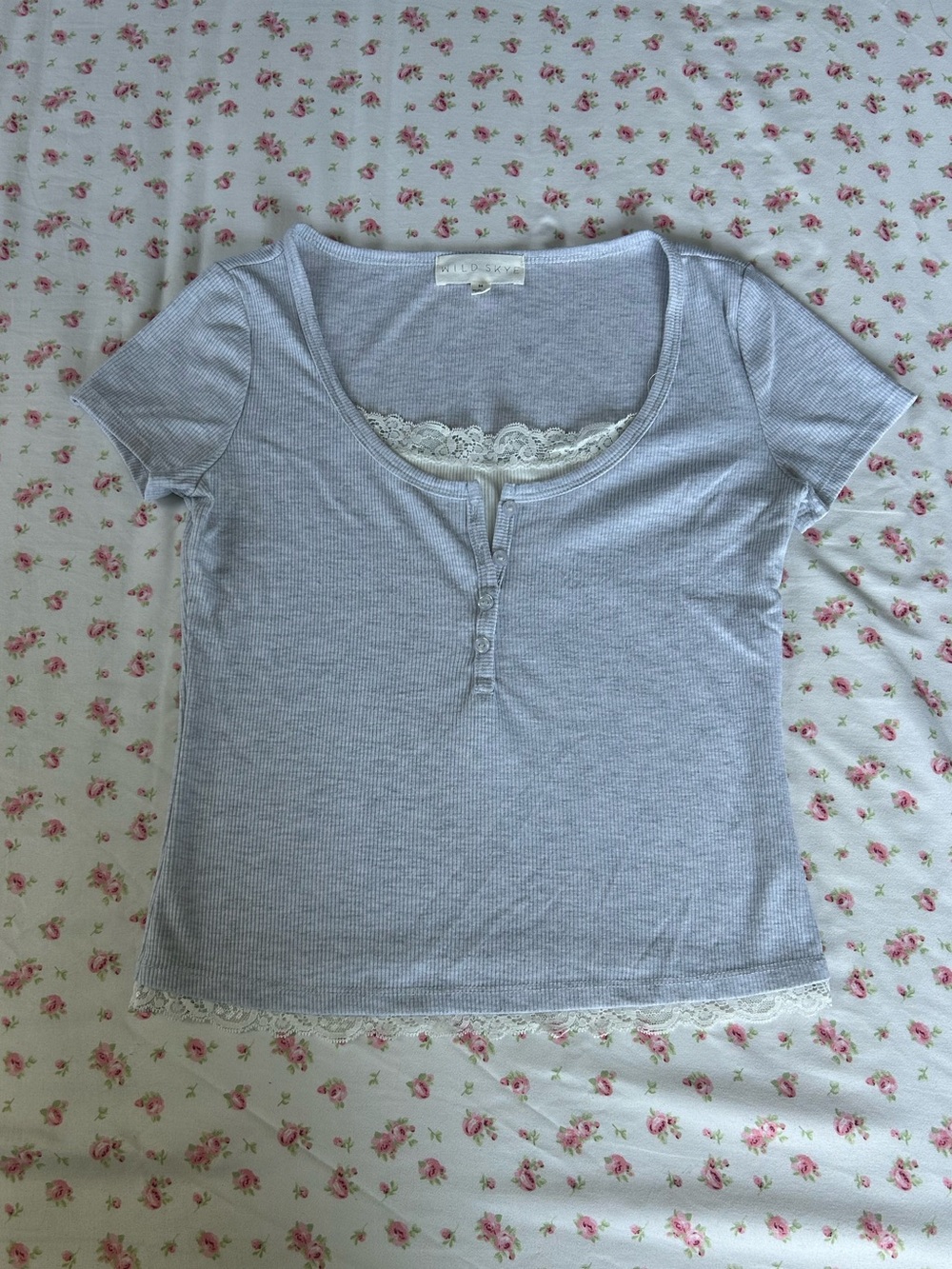 Lace Trim Short-Sleeve Ribbed Top - Light Gray